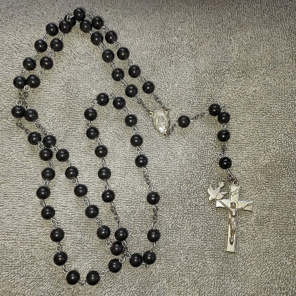 Vintage Rosary black beaded with  "Holy spirit enlighten me" Dove